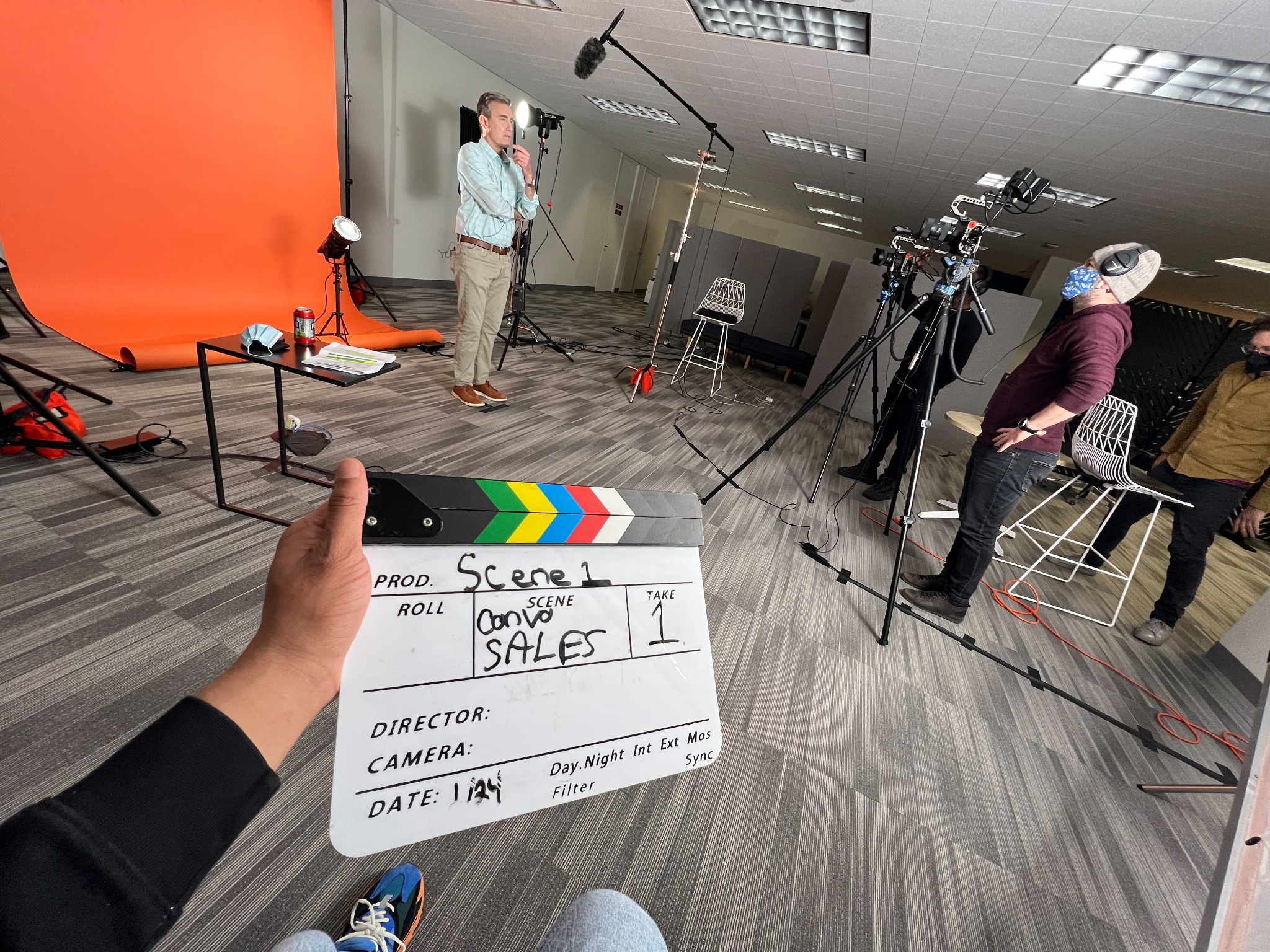 Slate and orange backdrop on the Drift production set